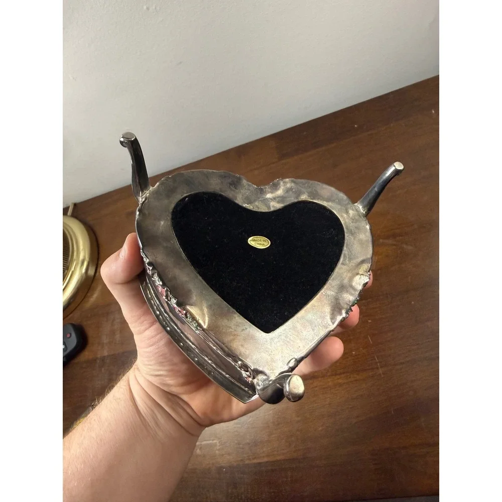 Vintage Heart Shaped Jewelry Box Silver Tone Pink Enamel Roses Footed Trink Box